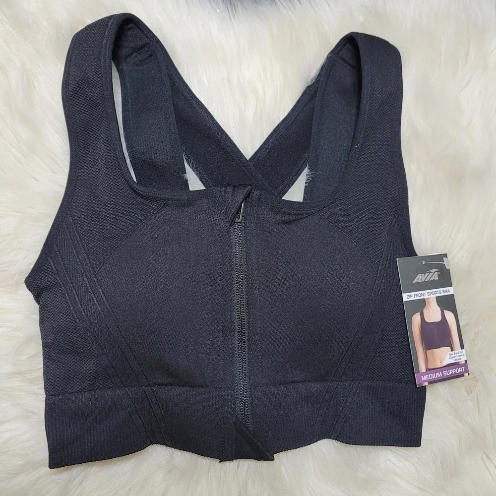 NWT Avia Sports Bra Sz S Womens Zip Front Black Moisture Wicking Athleisure